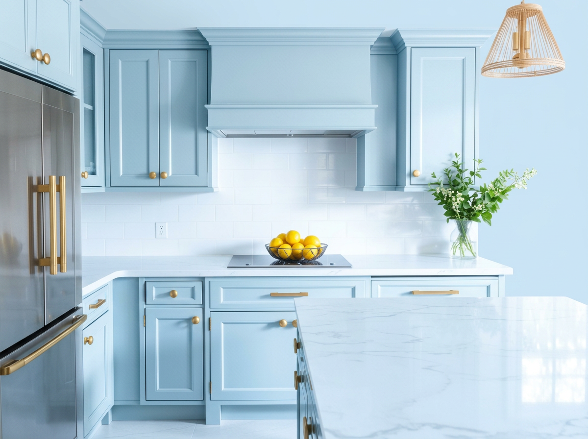Sparkling clean kitchen with soft blue cabinets